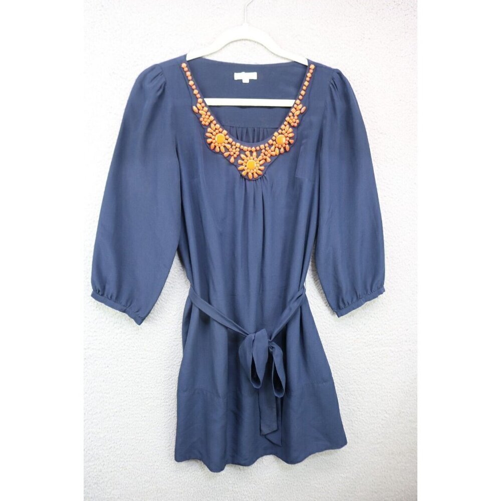 Shoshanna 100% Silk Beaded Navy Blue Dress-Size 4-Belted